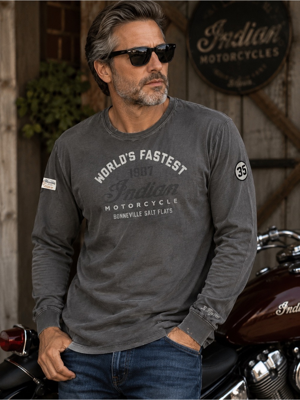 Indian Motorcycle 3XL Long Sleeve Graphic T-Shirt Grey Bonneville Biker